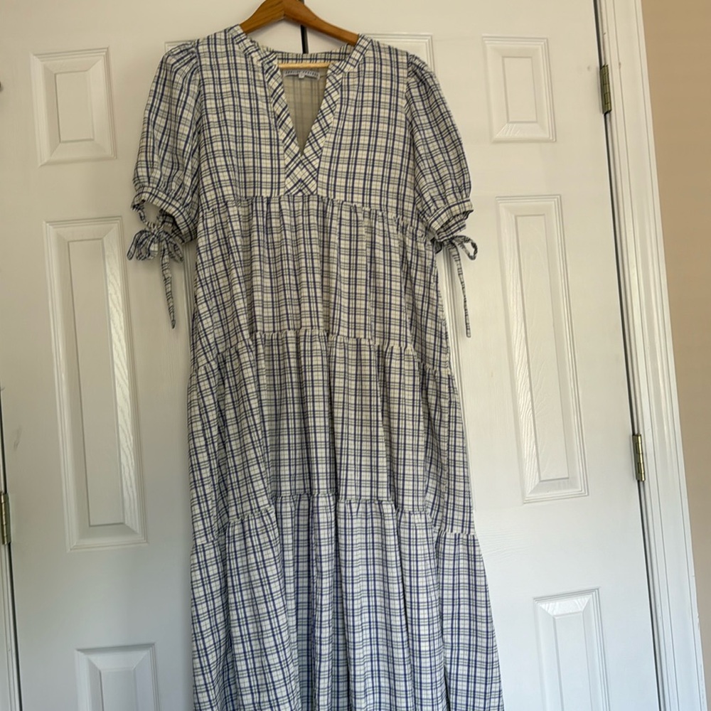 English Factory Plaid Dress with Tie Sleeves